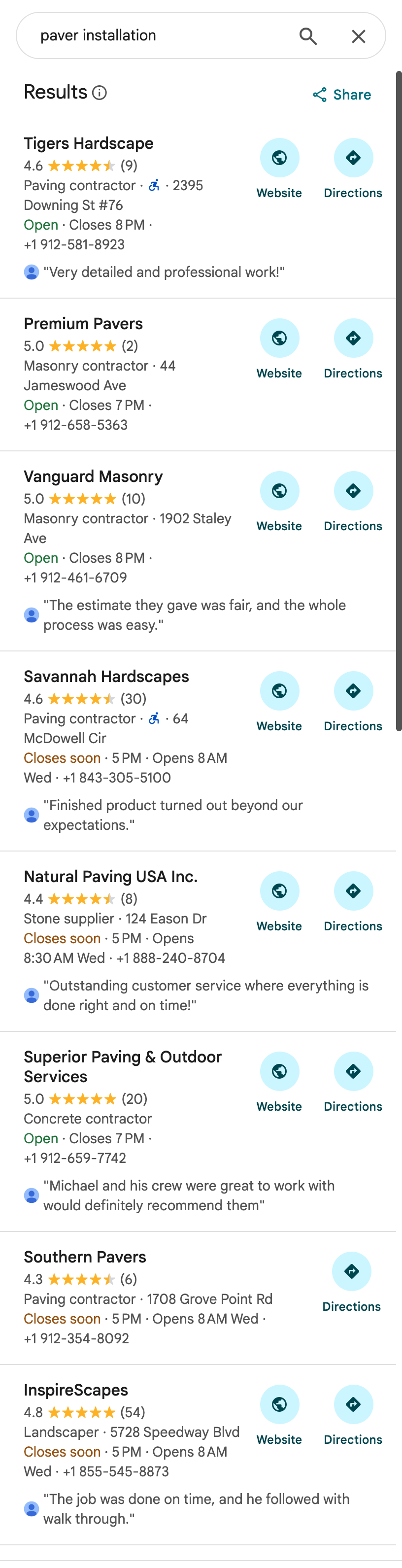 Resultado da busca paver installation feita do centro de Savannah em 8 de setembro de 2026, mostrando as primeiras empresas da lista.