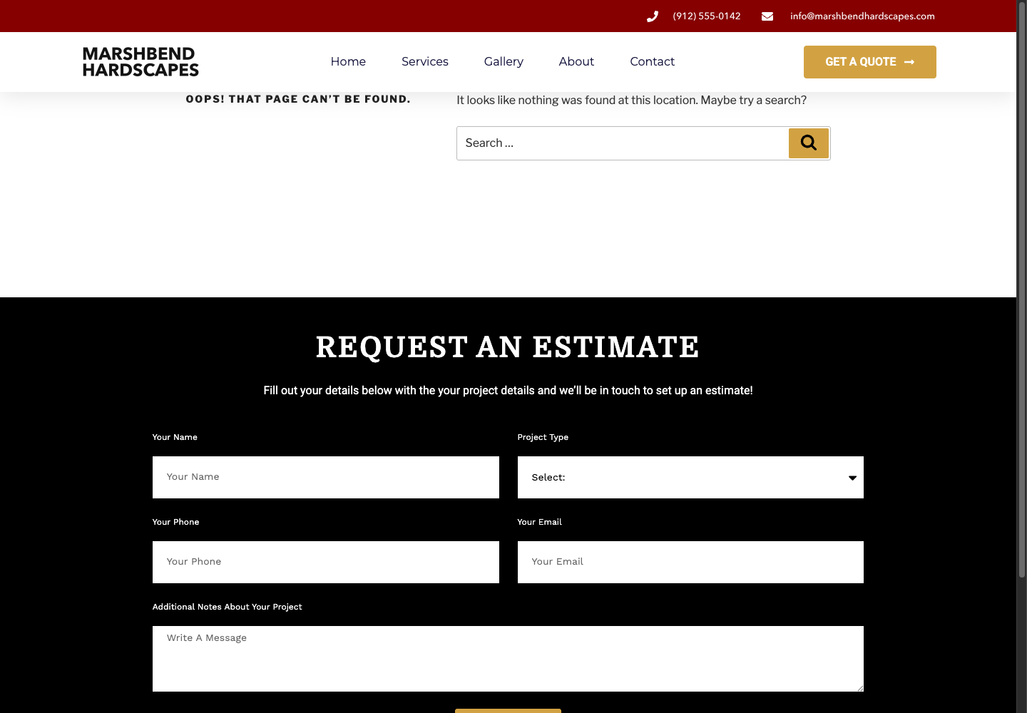 Página da Marshbend mostrando Oops! That page can’t be found no endereço /gallery.