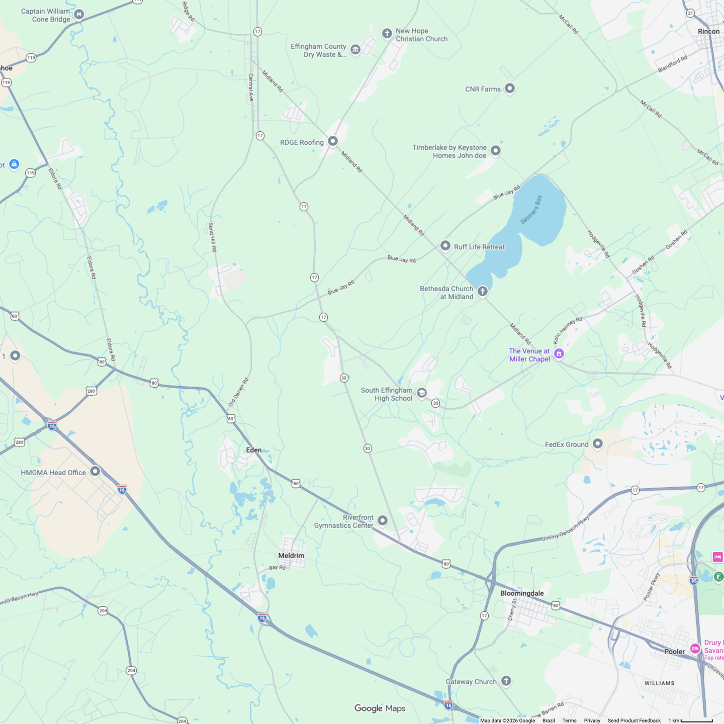 Mapa da região de Guyton com 9 pontos de pesquisa marcados; apenas o ponto central mostra a empresa.