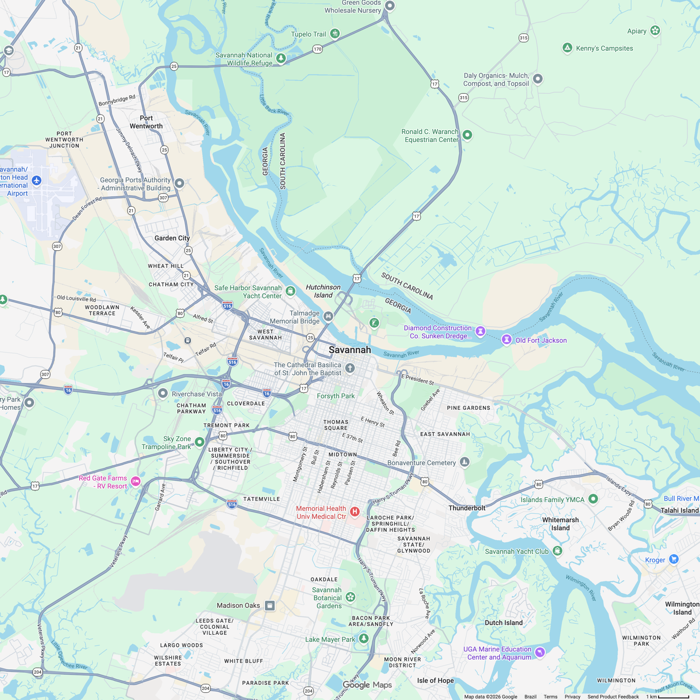 Mapa de Savannah com 9 pontos de pesquisa marcados, nenhum deles mostrando a empresa.