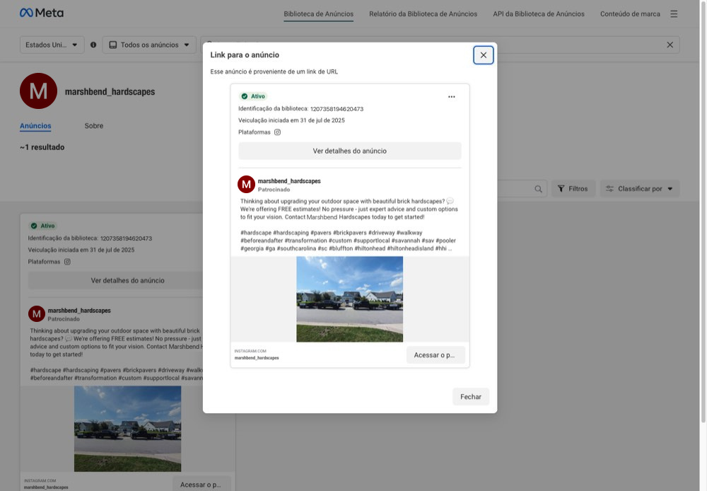 Biblioteca de An&uacute;ncios da Meta mostrando um an&uacute;ncio ativo de marshbend_hardscapes iniciado em 31 de julho de 2025